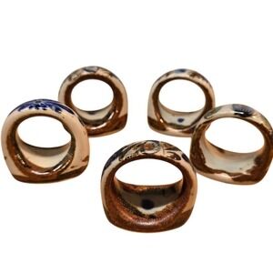 Set of 5 Mexican Tonala Ceramic Folk Art Napkin Rings Glazed 2"